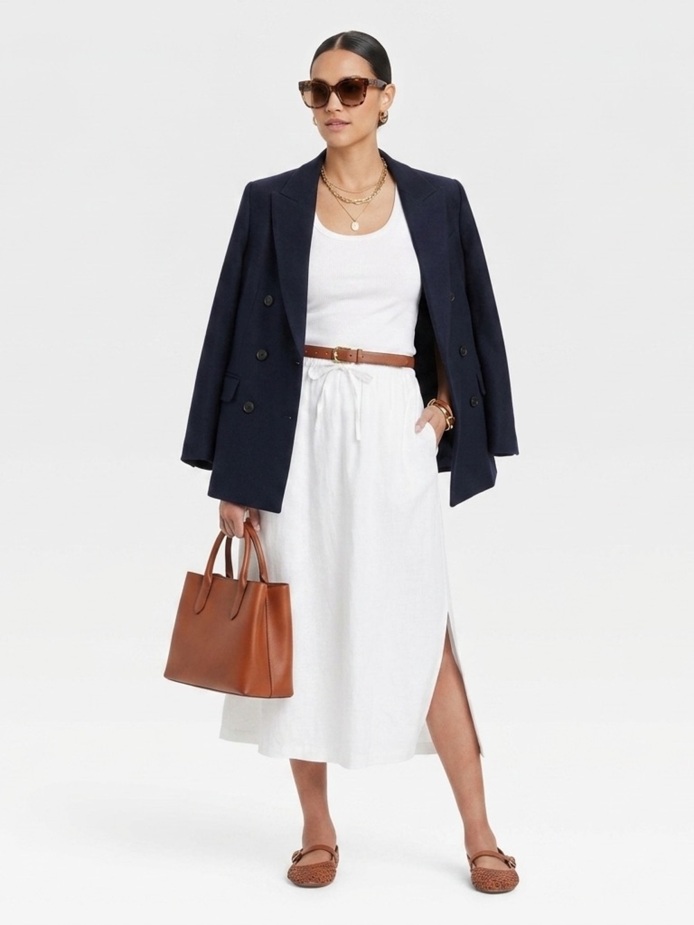 Universal Thread White Cotton Poplin Midi Skirt with Side Slits and pockets Sz M